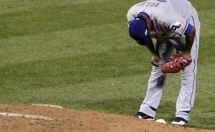 Texas was so close. Freese's triple off Rangers relief pitcher Neftali Feliz ties the game at 7-7. We're going to extra innings, World Series Game 6 in St. Louis, Oct 27, 2011 (Credit: MCT/Ron T Ennis)