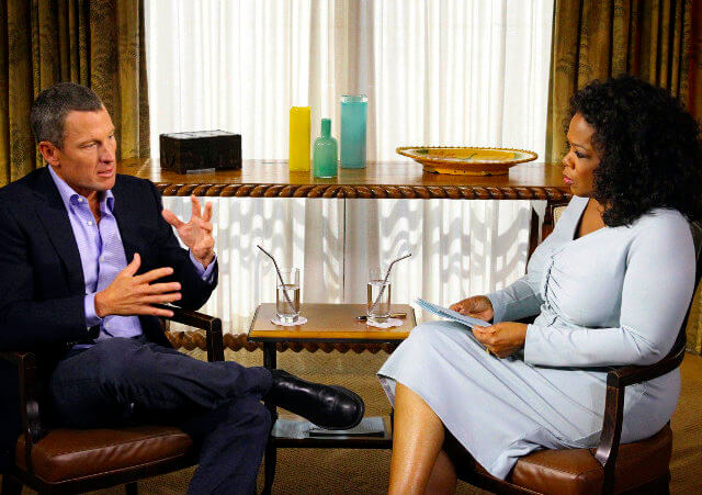 In this handout photo provided by the Oprah Winfrey Network, Oprah Winfrey (R) speaks with Lance Armstrong during an interview regarding the controversy surrounding his cycling career January 14, 2013 in Austin, Texas (Credit: Harpo Studios, Inc/George Burns)