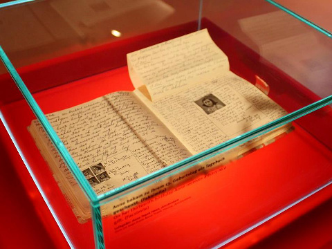 The Diary of a Young Girl by Anne Frank on display at the Anne Frank Zentrum (Anne Frank Center) in Berlin, Germany, September 14, 2008 (Credit: Rodrigo Galindez via Flickr)
