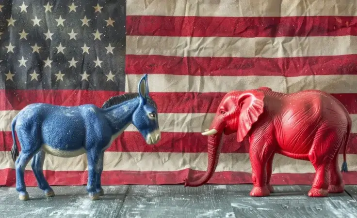 A blue donkey and red elephant on an American flag background to illustrate the political division in American culture. By MEHDI/stock.adobe.com