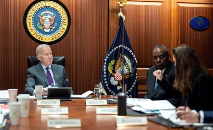 In this image provided by The White House, President Joe Biden receives the Presidential Daily Briefing, Monday, Jan. 29, 2024, in the White House Situation Room at the White House in Washington, as Defense Secretary Lloyd Austin listens. (Adam Schultz/The White House via AP). Could this lead to another Middle East war?