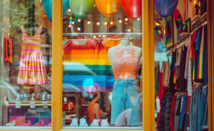 Bright and colorful Pride-themed display in a fashion store window. By doraclub/stock.adobe.com