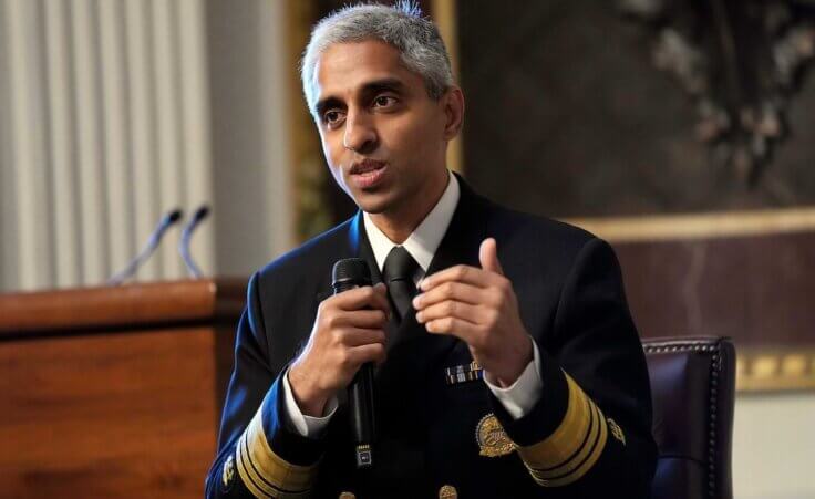 Surgeon General Dr. Vivek Murthy speaks during an event on the White House complex in Washington, April 23, 2024. Murthy is asking Congress to require warning labels on social media platforms that are similar to those that appear on cigarette boxes. (AP Photo/Susan Walsh, File)