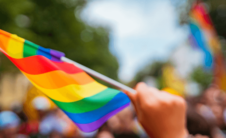Hand holding a LGBTQ flag at pride festival. By teksomolika/stock.adobe.com.