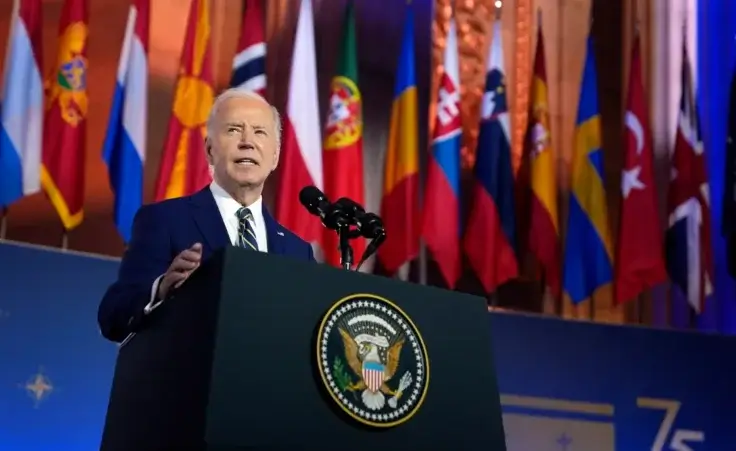President Joe Biden delivers remarks on the 75th anniversary of NATO at the Andrew W. Mellon Auditorium, Tuesday, July 9, 2024, in Washington. (AP Photo/Evan Vucci)