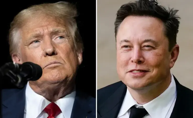 This combination of photos shows former President Donald Trump during rally in Minden, Nev., Oct. 8, 2022, left, and Elon Musk in Wilmington, Del., July 12, 2021. (AP Photo)