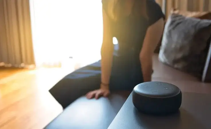 Woman sitting on a chair and talking to a speech recognition device, Amazon Alexa with sunlight background By Nature_Japan_NM/stock.adobe.com