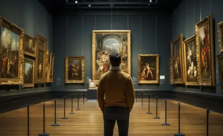 Back of a man looking at renaissance style paintings in an old museum art gallery. By Keitma/stock.adobe.com