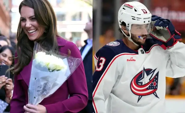 Right: Britain's Kate, Princess of Wales, meets members of the public after a visit to The Rectory, Birmingham, England, Thursday, April 20, 2023. (Jacob King, Pool Photo via AP) Left: Columbus Blue Jackets' Johnny Gaudreau (13) plays against the Nashville Predators during the second period of an NHL hockey game Saturday, April 13, 2024, in Nashville, Tenn. (AP Photo/Mark Humphrey)