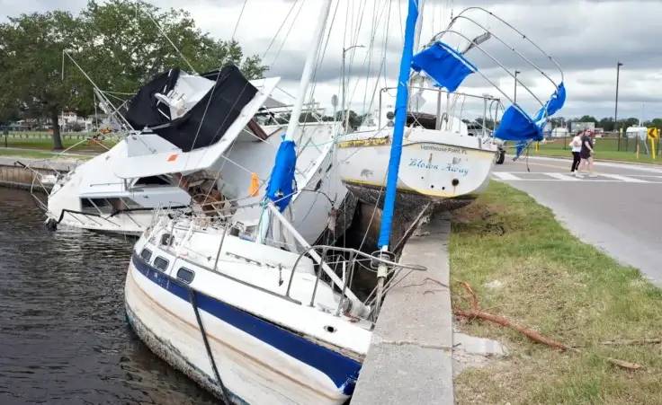 Boats destroyed during Hurricane Helene are shown on the Davis Islands Yacht Basin ahead of the possible arrival of Hurricane Milton Monday, Oct. 7, 2024, in Tampa, Fla. (AP Photo/Chris O'Meara)