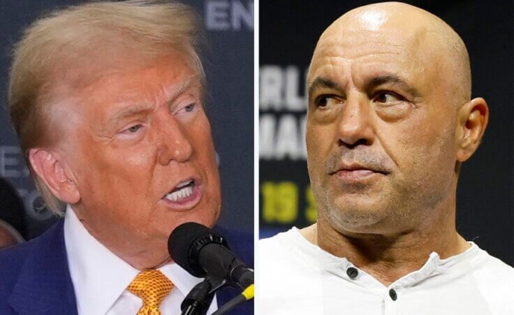 This combination photo shows Republican presidential nominee former President Donald Trump speaking during a news conference, Oct. 25, 2024, in Austin, Texas, left, and Joe Rogan at a UFC event, Aug. 18, 2023, in Boston. (AP Photo)