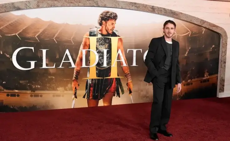 Paul Mescal, a cast member in "Gladiator II," poses at the premiere of the film on Monday, Nov. 18, 2024, at TCL Chinese Theatre in Los Angeles. (AP Photo/Chris Pizzello)