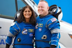 NASA astronauts Suni Williams, left, and Butch Wilmore stand together for a photo enroute to the launch pad at Space Launch Complex 41 Wednesday, June 5, 2024, in Cape Canaveral, Fla., for their liftoff on the Boeing Starliner capsule to the international space station. (AP Photo/Chris O'Meara, File) stranded astronauts