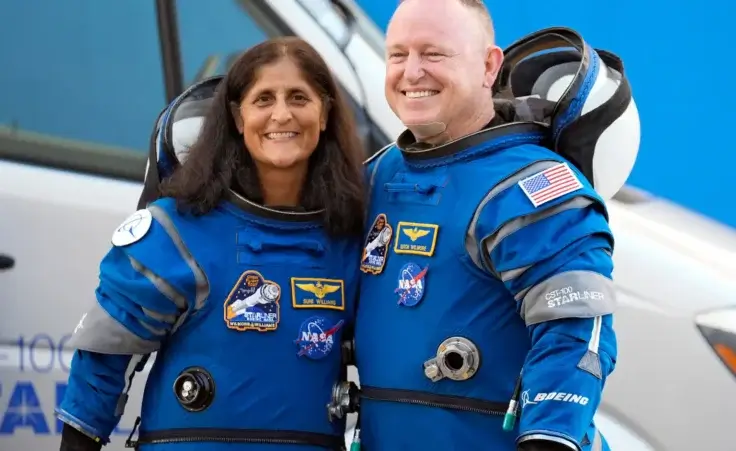 NASA astronauts Suni Williams, left, and Butch Wilmore stand together for a photo enroute to the launch pad at Space Launch Complex 41 Wednesday, June 5, 2024, in Cape Canaveral, Fla., for their liftoff on the Boeing Starliner capsule to the international space station. (AP Photo/Chris O'Meara, File) stranded astronauts