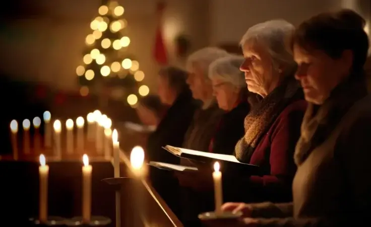 Men and women attending a traditional candlelight service before Christmas. By SeNata/stock.adobe.com. Christmas Adam service.