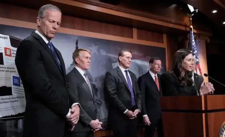 From left, Senate Majority Leader John Thune, R-S.D., Sen. James Lankford, R-Okla., Sen. Ted Budd, R-N.C., Sen. John Barrasso, R-Wyo., and Sen. Katie Britt, R-Ala., talk to reporters about the Laken Riley Act, a bill to detain unauthorized immigrants who have been accused of certain crimes, at the Capitol in Washington, Thursday, Jan. 9, 2025. Georgia nursing student Laken Riley was killed last year by a Venezuelan man who entered the U.S. illegally and was allowed to stay to pursue his immigration case. (AP Photo/J. Scott Applewhite)