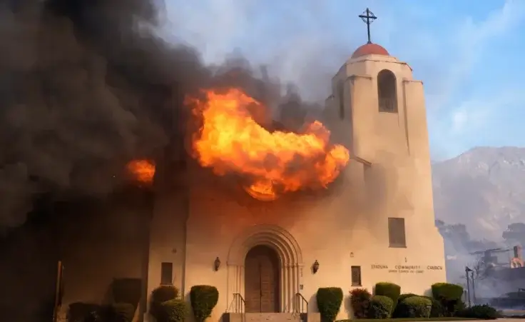 Fire explodes out of a window of the Altadena Community Church, Wednesday, Jan. 8, 2025, in the downtown Altadena section of Pasadena, Calif. (AP Photo/Chris Pizzello)