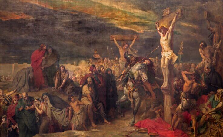 Brussels, Belgium - The Crucifixion painting by Jean Francois Portaels (1886) in St. Jacques Church at The Coudenberg. By Renáta Sedmáková/stock.adobe.com