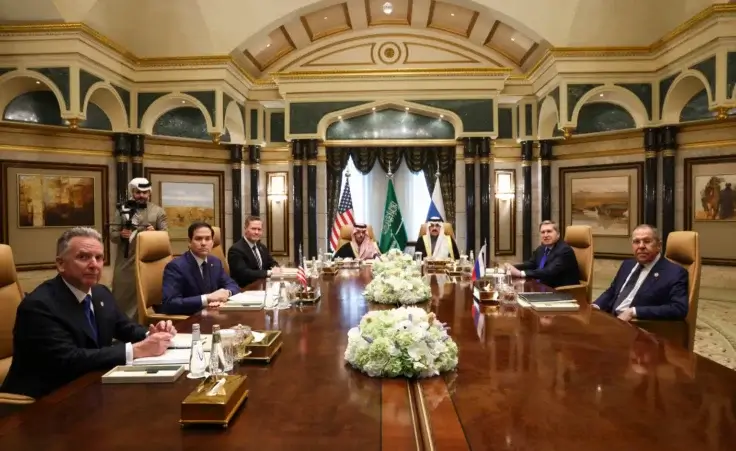 U.S. Secretary of State Marco Rubio, second left, meets with Saudi Foreign Minister Prince Faisal bin Farhan Al Saud, Saudi National Security Advisor Mosaad bin Mohammad Al-Aiban, U.S. National Security Advisor Mike Waltz, U.S. Middle East envoy Steve Witkoff, Russian Foreign Minister Sergei Lavrov, right, and Russian President Vladimir Putin's foreign policy advisor Yuri Ushakov, at Diriyah Palace, in Riyadh, Saudi Arabia, Tuesday Feb. 18, 2025. (Evelyn Hockstein/Pool Photo via AP) US and Russia