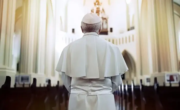 A pope figure facing the pews of a church. By D'ActionImages/stock.adobe.com. Pope Francis