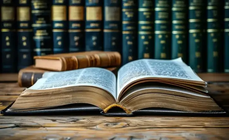 An open law book on a wooden desk with law books in the background in a courtroom setting. By Vera/stock.adobe.com