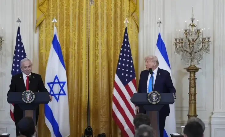 President Donald Trump and Israeli Prime Minister Benjamin Netanyahu speak during a news conference in the East Room of the White House, Tuesday, Feb. 4, 2025, in Washington. (AP Photo/Alex Brandon)