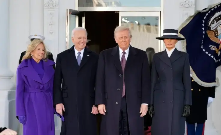 President-elect Donald Trump and Melania Trump are greeted by President Joe Biden and first lady Jill Biden, upon their arrival at the White House, Monday, Jan. 20, 2025, in Washington. (AP Photo/Alex Brandon)