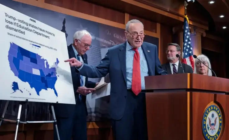 Senate Minority Leader Chuck Schumer, D-N.Y., and fellow Democrats, from left, Sen. Bernie Sanders, I-Vt., Sen. Gary Peters, D-Mich., and Sen. Patty Murray, D-Wash., criticize President Donald Trump for his plan to shut down the Education Department, during a news conference at the Capitol, in Washington, Thursday, March 6, 2025. (AP Photo/J. Scott Applewhite)