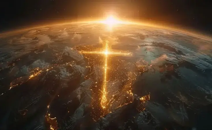 Shiny glowing golden Christian religion faith cross symbol sign above the planet earth globe. Jesus Christ gospel and crucifixion evangelism, international missionary organization,worldwide fellowship By Tn/stock.adobe.com